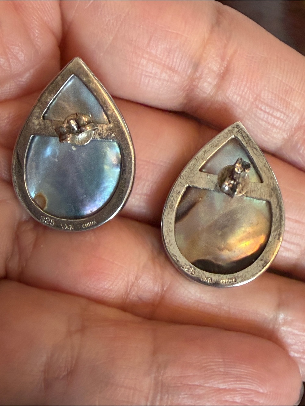 STERLING SILVER BLISTER PEARL PIERCED EARRINGS, VAR china 925 stamp vintage - Picture 5 of 7
